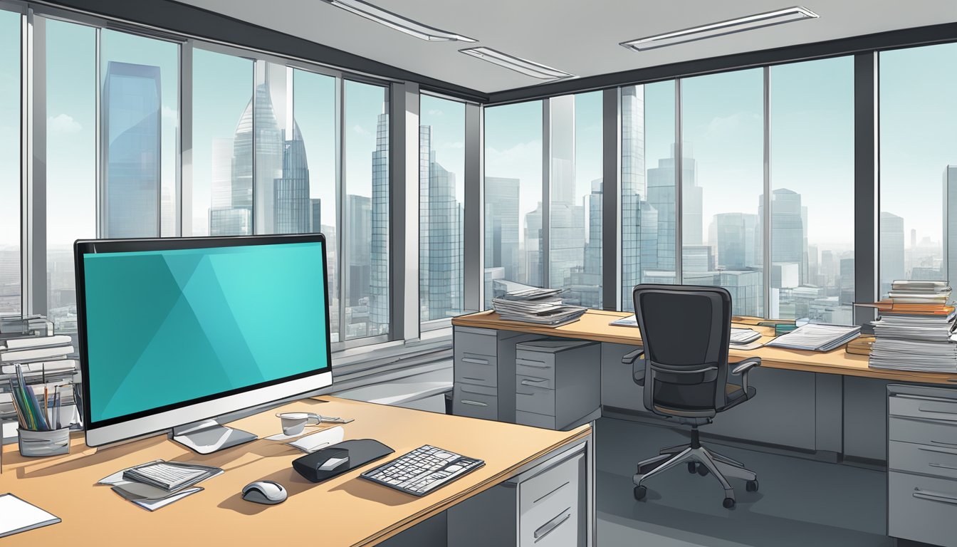 An office desk with a computer, charts, and a stack of financial reports. A city skyline visible through the window