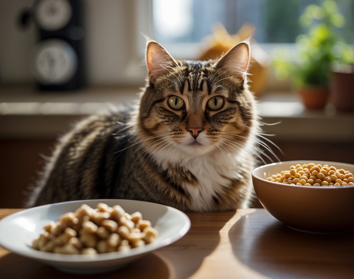 A sick cat sits in front of a bowl of food, turning away. An open can of specialized cat food and a bowl of water sit nearby