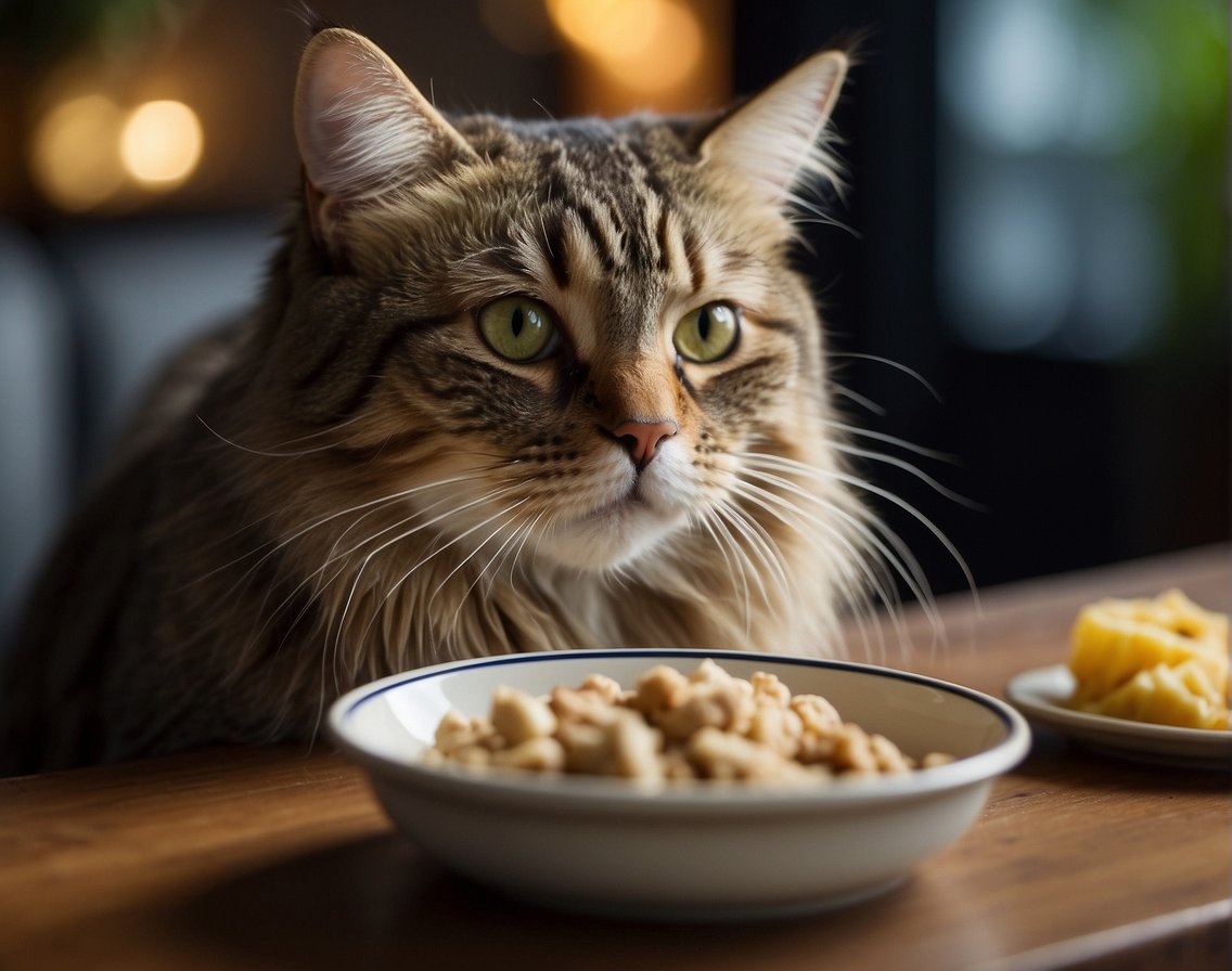 A sick cat sniffs at a bowl of food, its nose wrinkled in distaste. Nearby, a variety of tempting food options are laid out, including wet food, treats, and fresh tuna