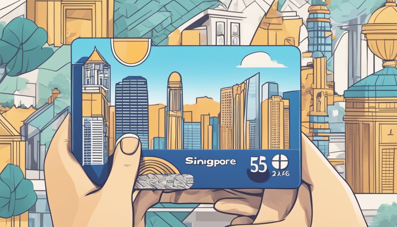 A hand holding a credit card with iconic Singapore landmarks in the background