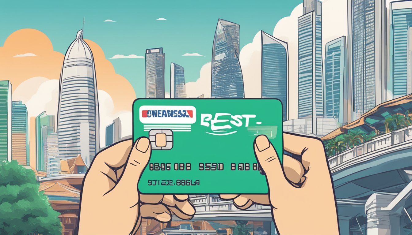 A hand reaches for a credit card with "Best Overseas Spending" written on it, against a backdrop of iconic Singapore landmarks