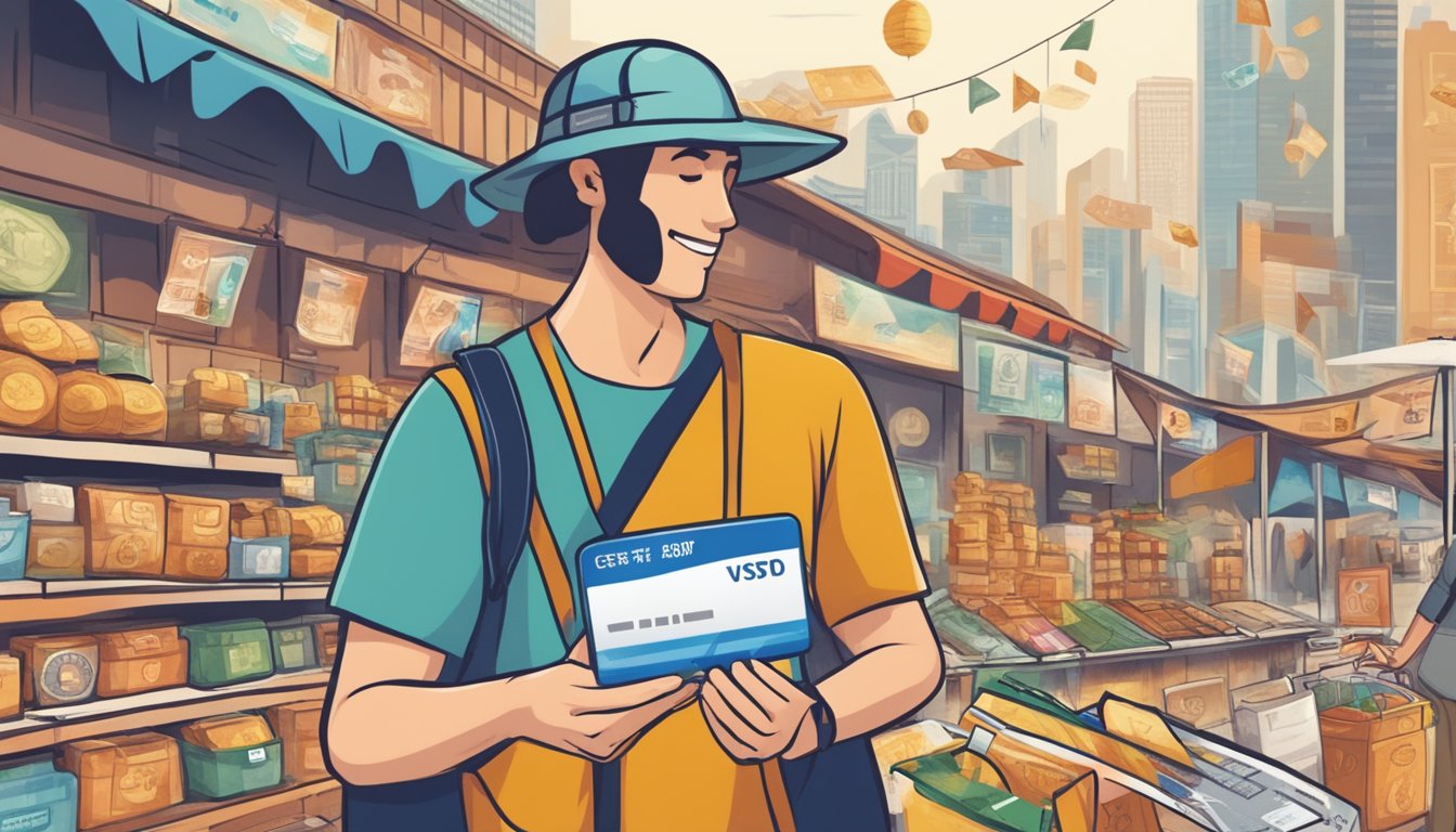 A traveler swiping a credit card at a foreign market, with various currency symbols and landmarks in the background