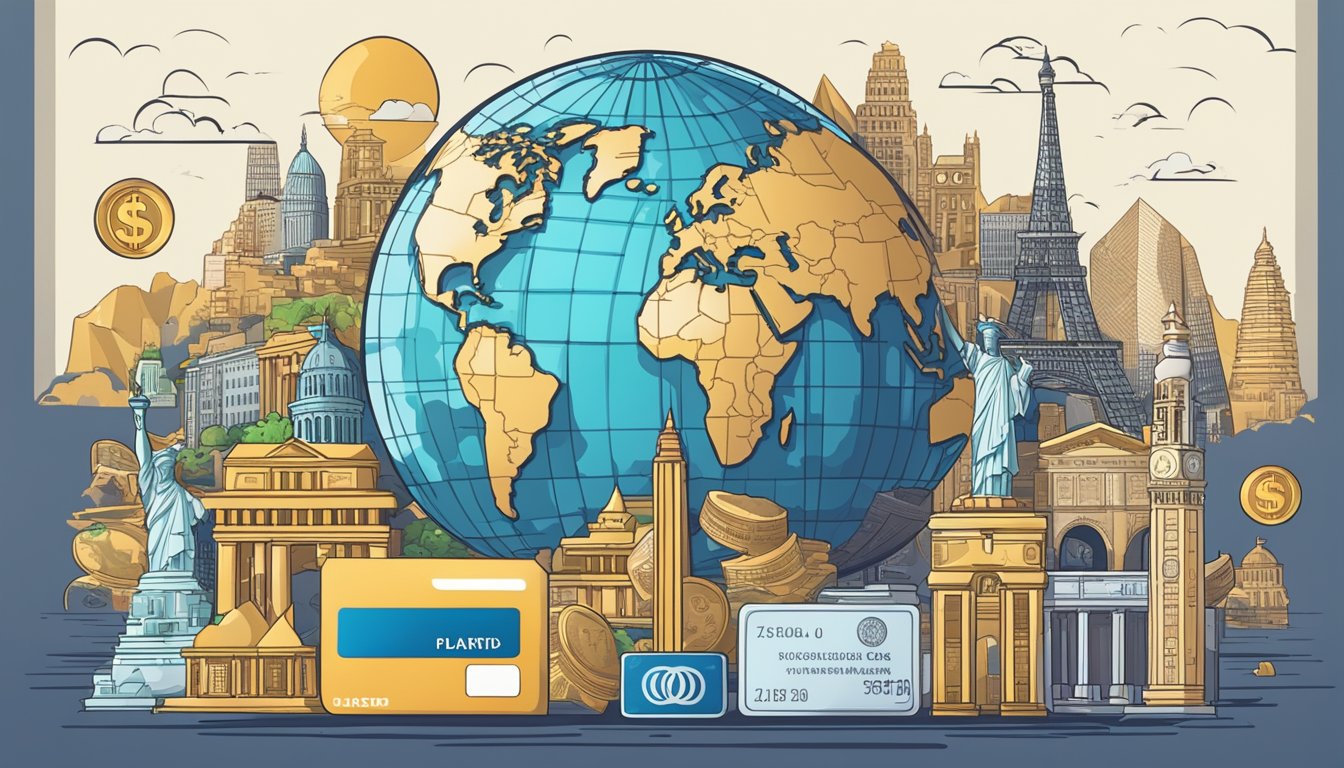 A credit card with a globe and currency symbols, surrounded by iconic landmarks from around the world