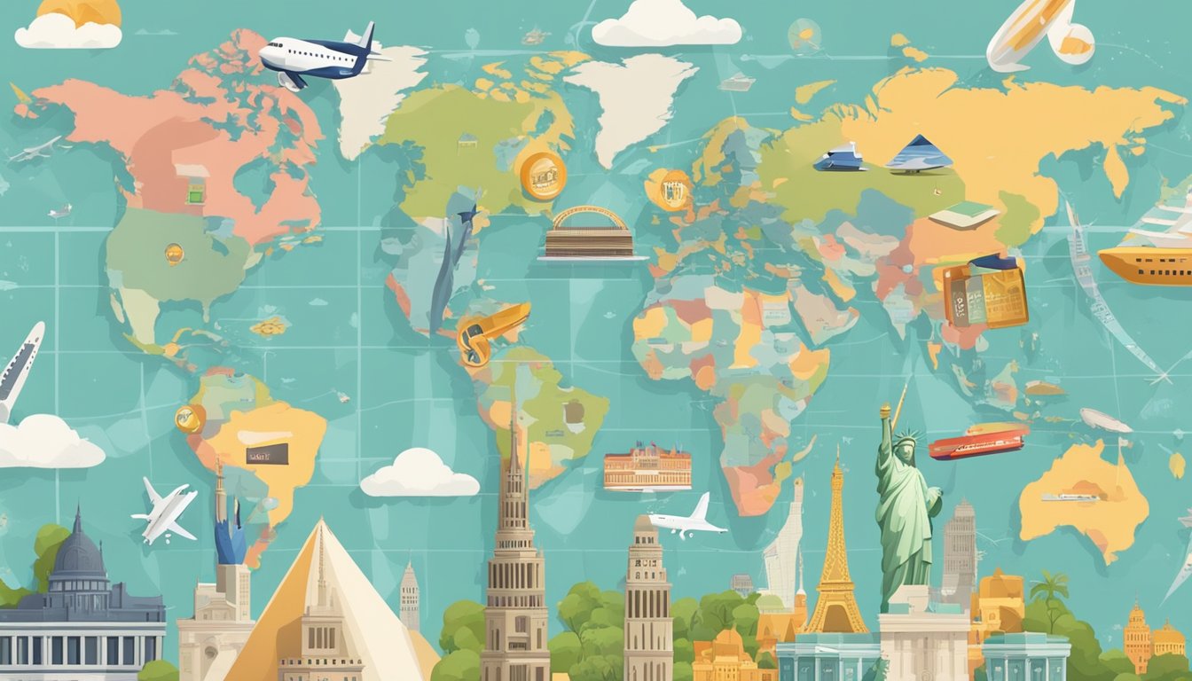 A passport, plane ticket, and credit card on a world map, surrounded by iconic landmarks and travel symbols