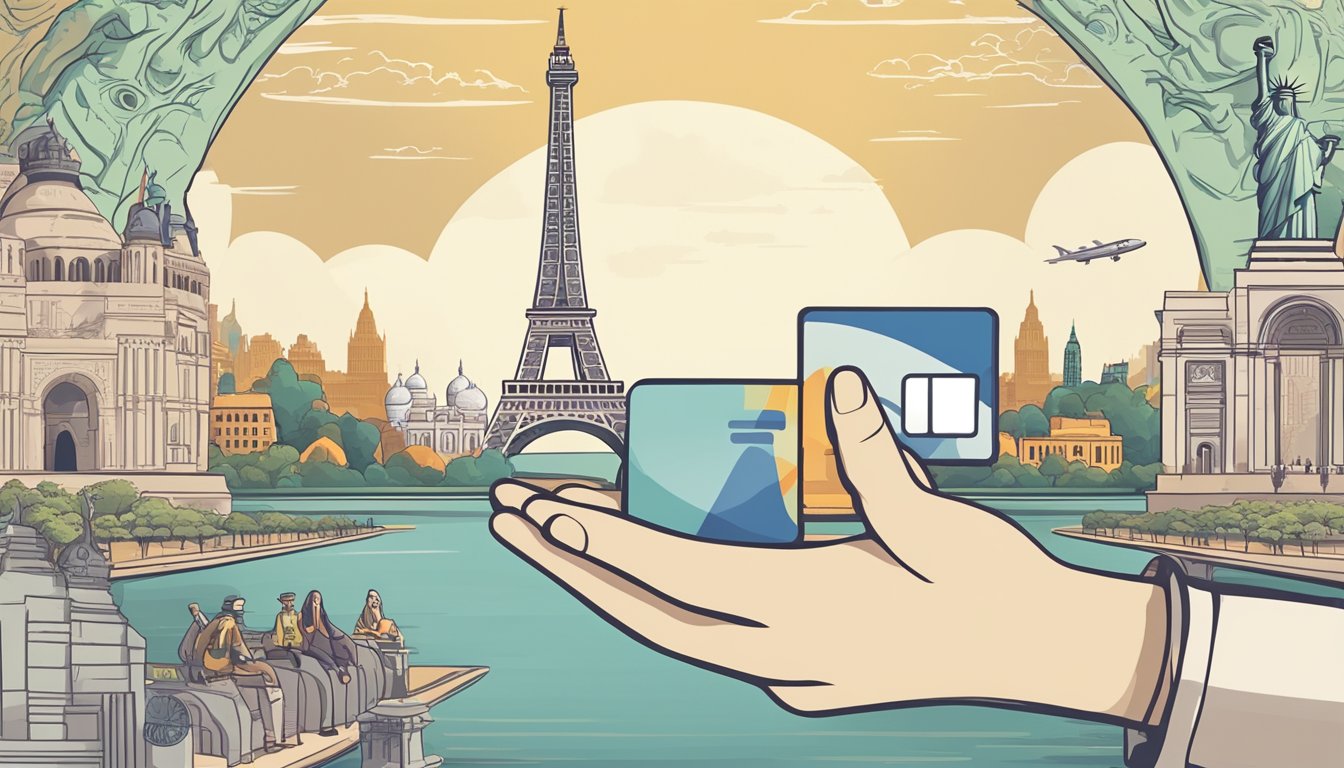 A hand holding a credit card with various international landmarks in the background, such as the Eiffel Tower, Statue of Liberty, and Taj Mahal