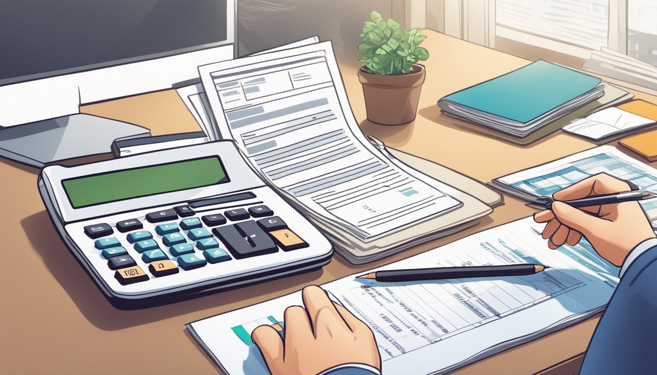 A person analyzing financial documents and filling out a loan application form at a desk with a calculator, pen, and laptop