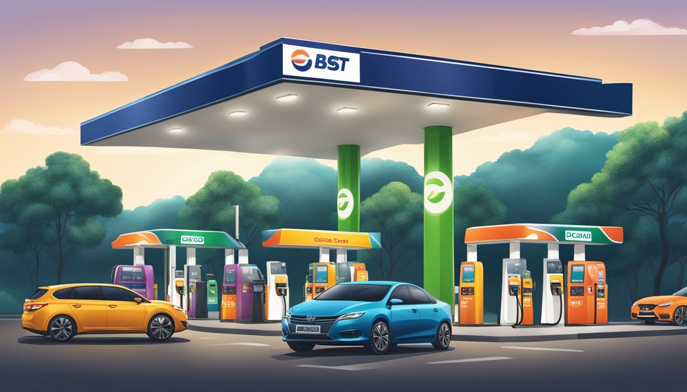 A gas station with a prominent sign advertising the best petrol credit card in Singapore, with cars refueling at the pumps