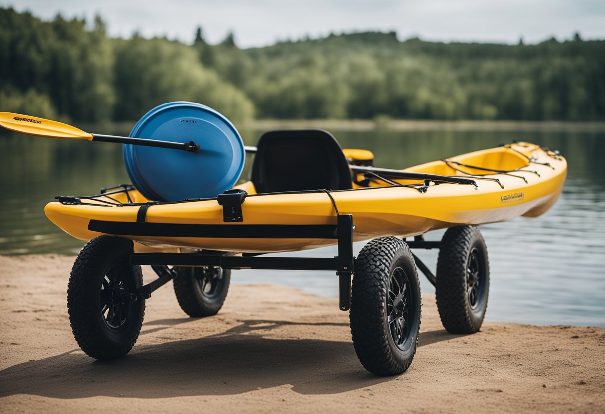 A person selects large, sturdy wheels for a kayak cart, ensuring easy transport over various terrains