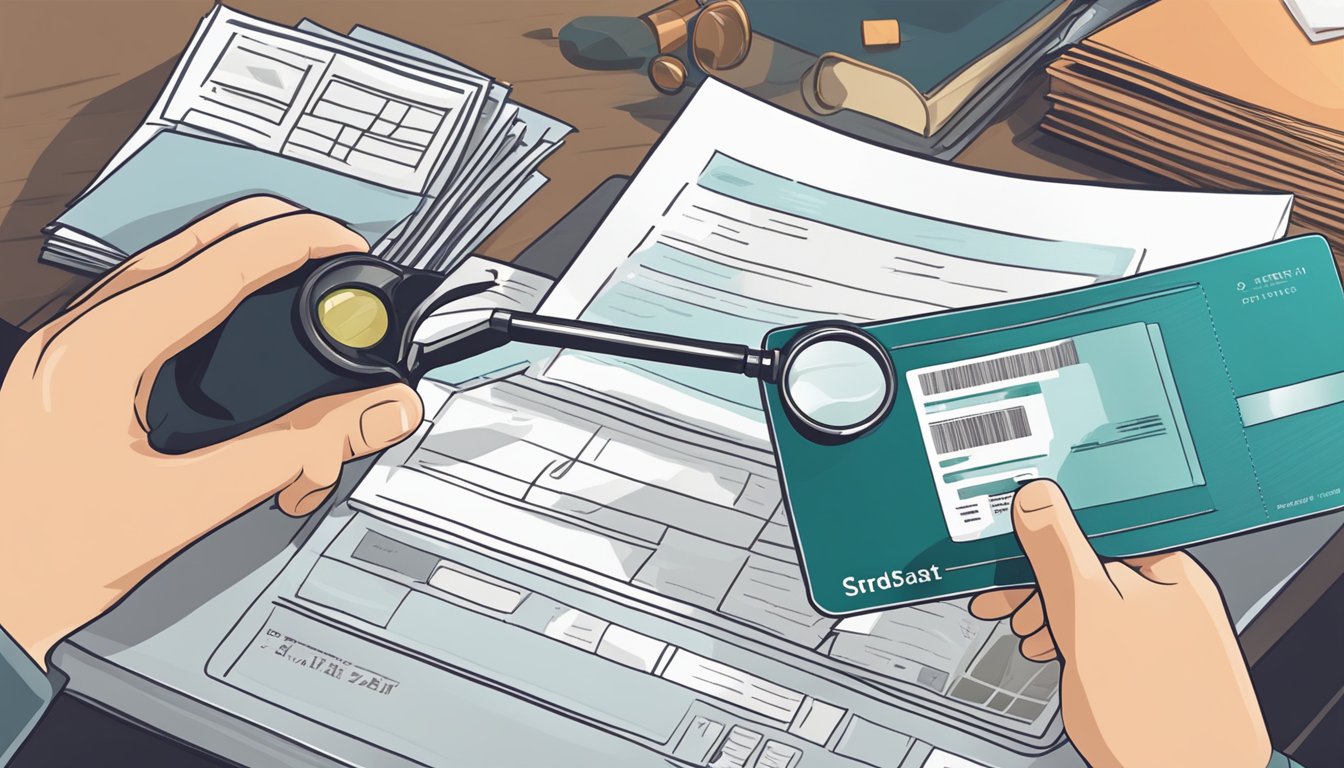 A person reading the fine print on a petrol credit card, with a magnifying glass and a pile of documents on a desk