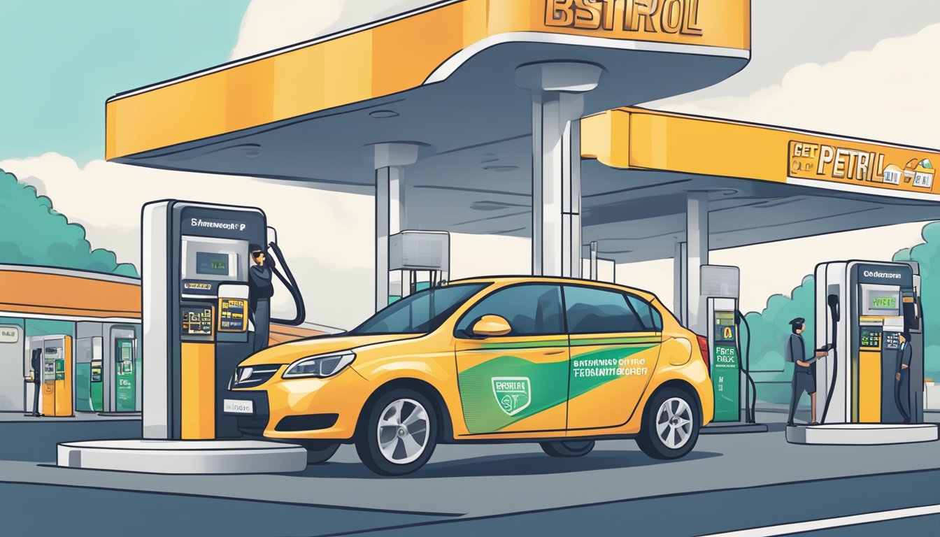 A car at a petrol station with a credit card being swiped at the pump, displaying the words "Maximising Your Petrol Savings best petrol credit card singapore" on a digital screen