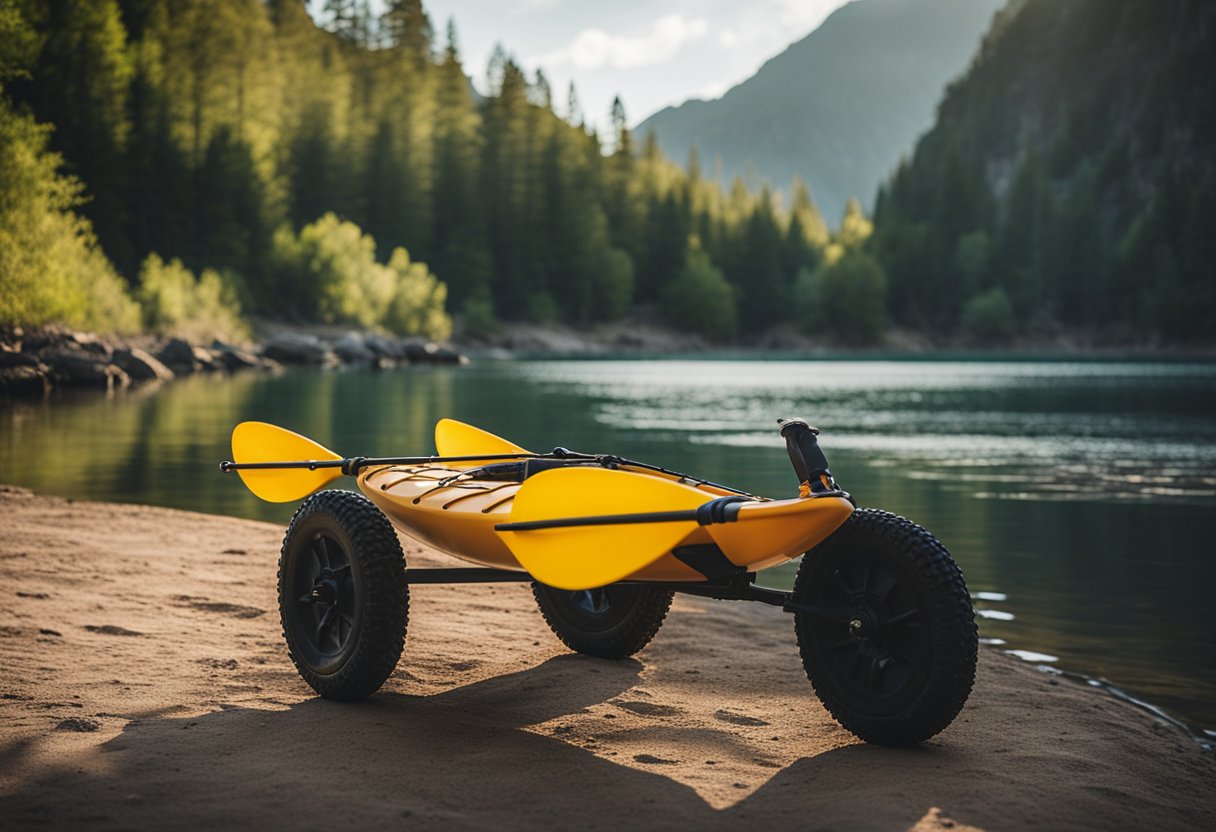 A kayak cart with large, sturdy wheels rolls smoothly over various terrains, making it easy to transport a kayak to and from the water's edge