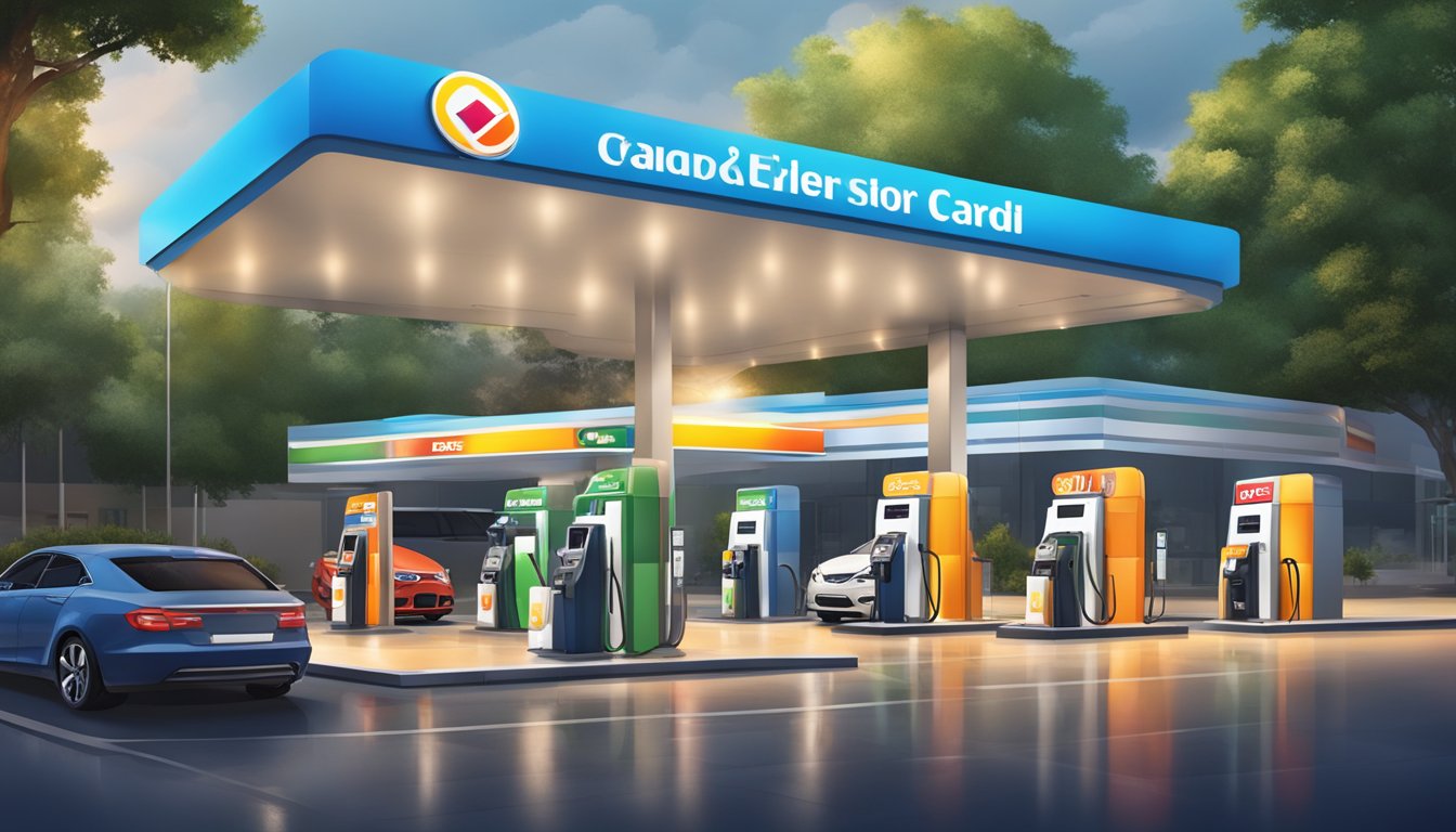 A petrol station with a variety of credit card logos displayed prominently. Bright lighting and clear signage