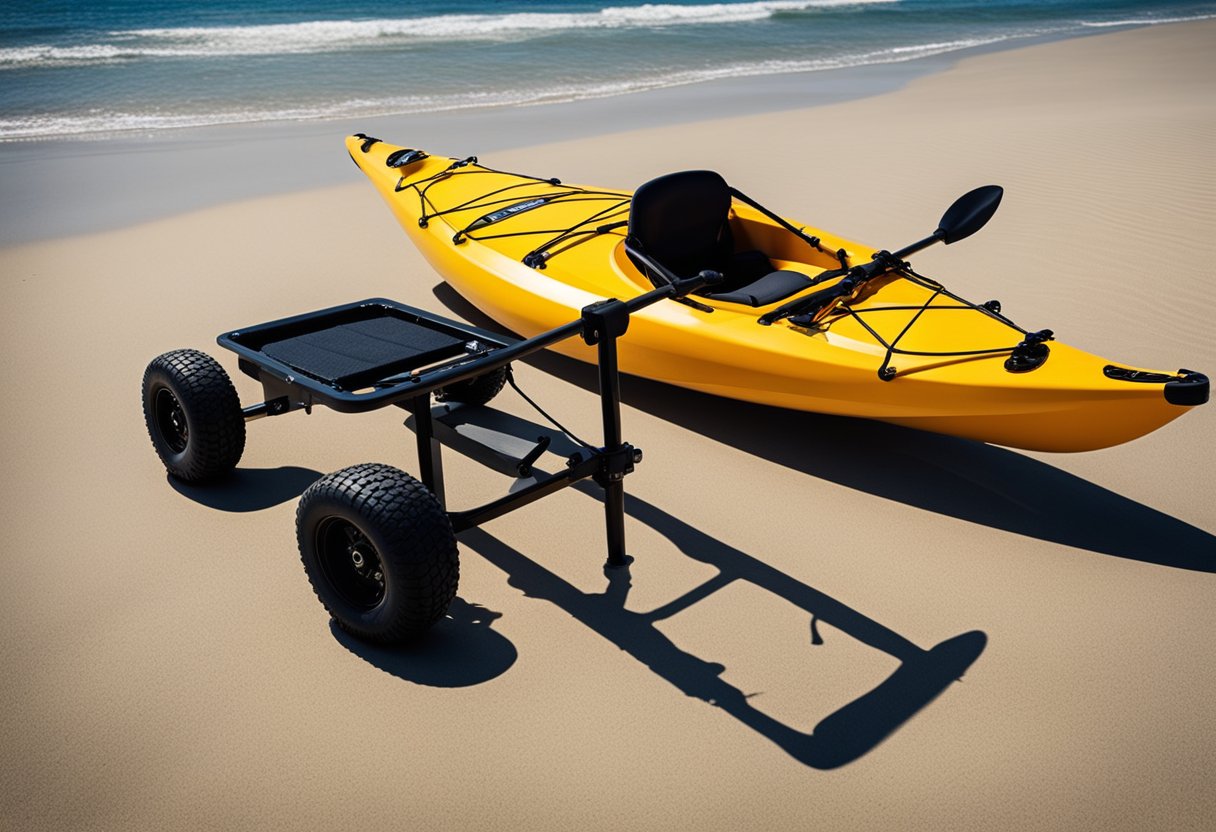A kayak cart sits on a sandy beach, with sturdy wheels for easy transport. The cart is loaded with a kayak, showcasing its value for money