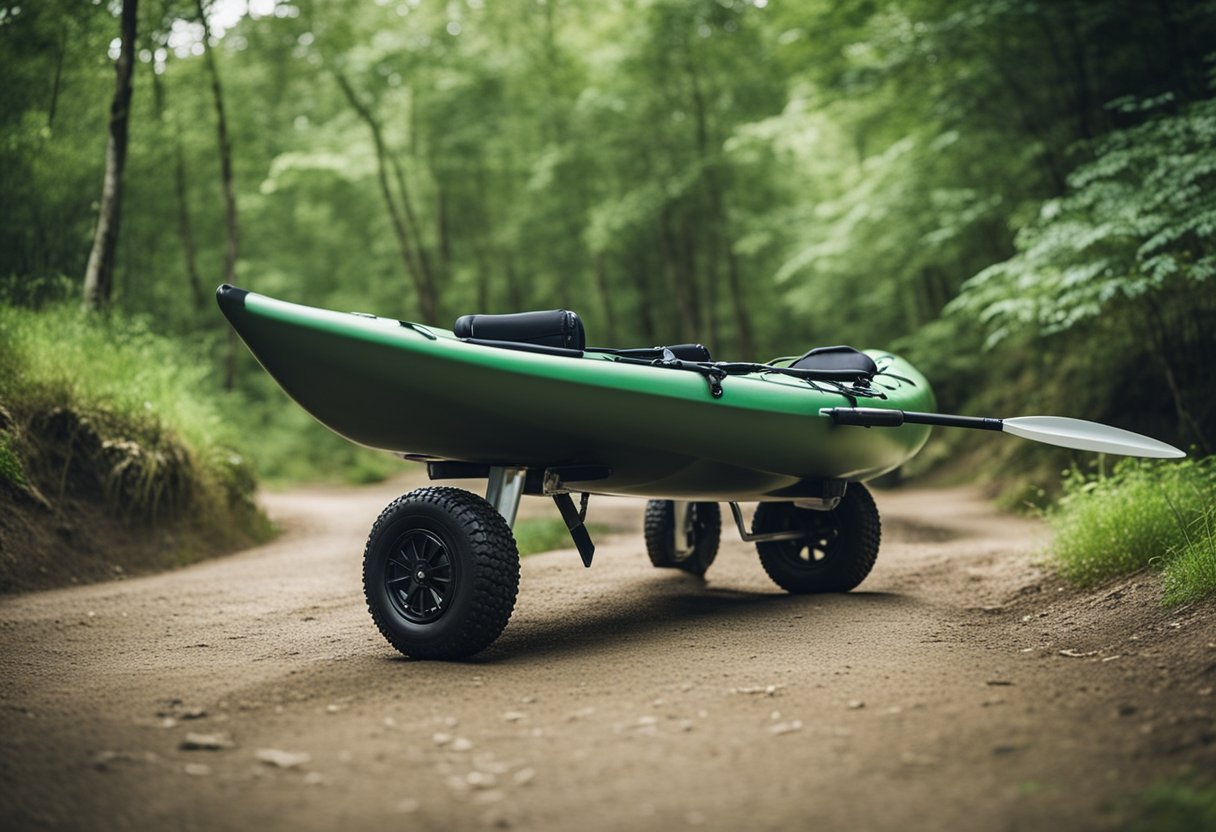 A kayak cart with large, durable wheels rolls smoothly over various terrains, making it easy to transport a kayak from the car to the water's edge