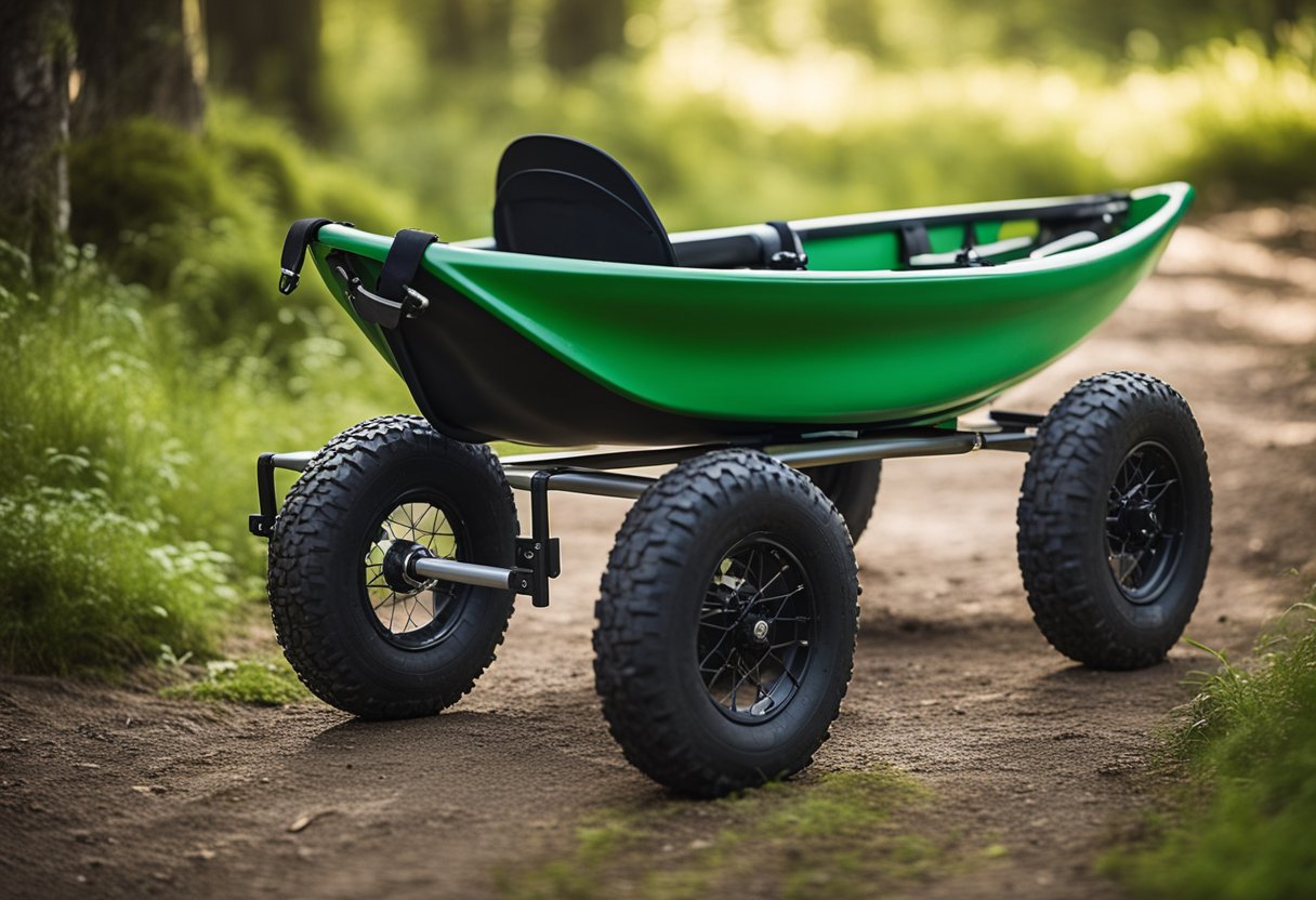 A kayak cart with large, sturdy wheels rolls over rough terrain, easily transporting a kayak. The cart is equipped with straps and padding for secure and safe transport