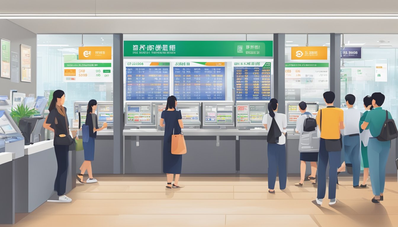 A bustling currency exchange office in Singapore with clear signage, a line of customers, and various currency exchange rate boards displayed prominently