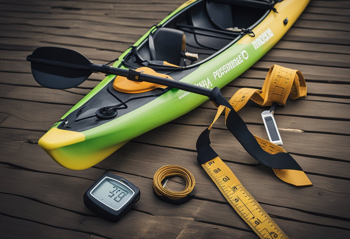 A kayak paddle resting against a measuring tape, with various paddle styles displayed nearby