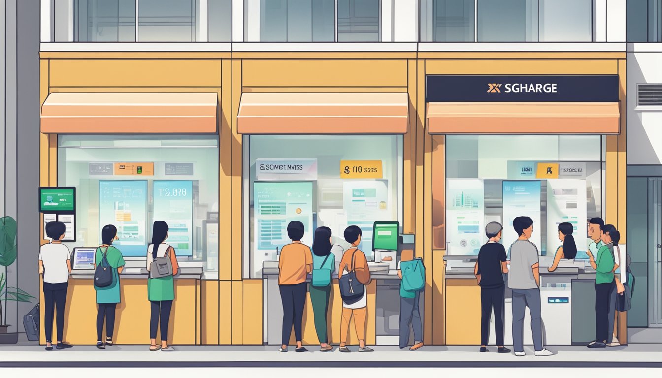 A bustling currency exchange office in Singapore, with digital rate boards and a line of diverse customers waiting to exchange money