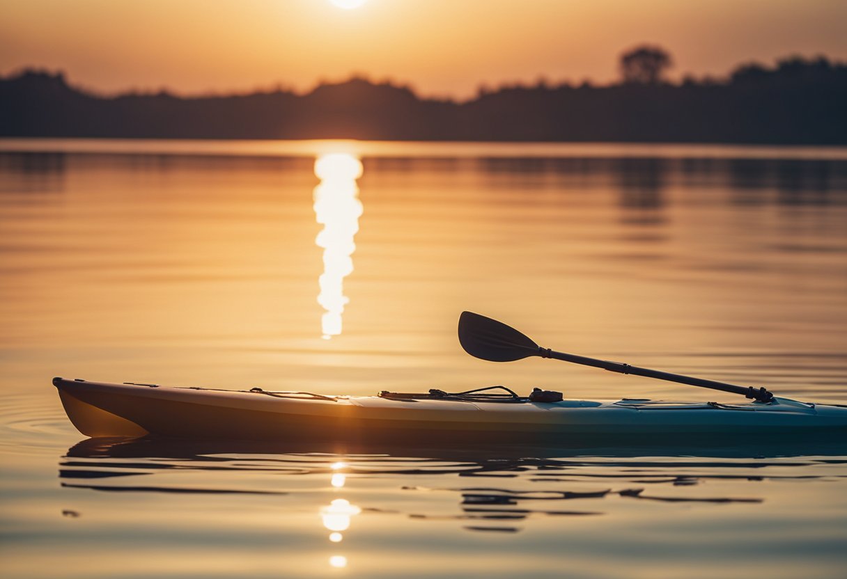 A kayak paddle lies on a smooth, calm lake surface, with ripples forming around its edges. The sun shines brightly, casting a warm glow on the water