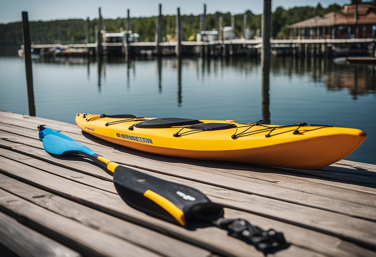 A kayak paddle rests against a dock, with a measuring tape nearby. Various paddle styles are displayed on a nearby rack