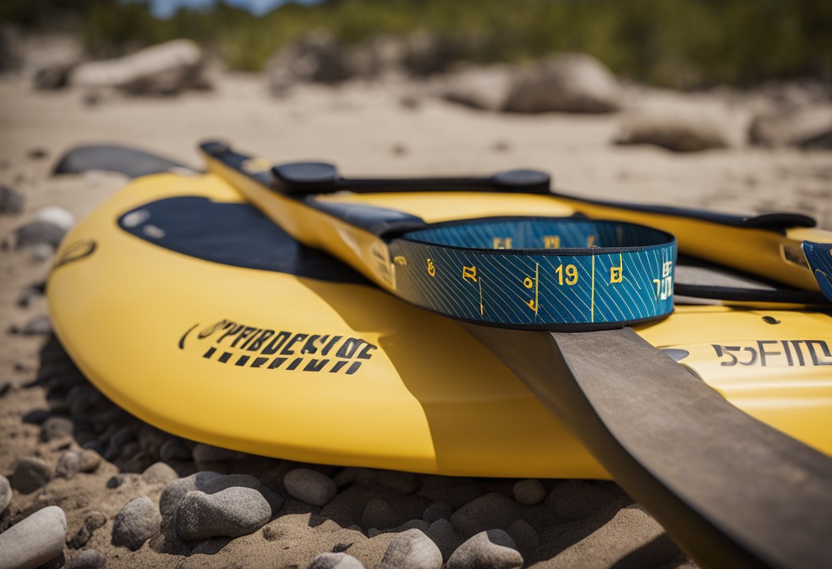 A kayak paddle lies on a measuring tape, showing the perfect length. Different paddle styles are displayed nearby for comparison