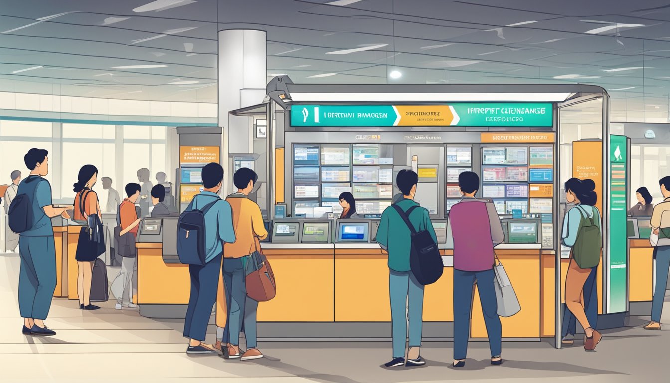 A bustling airport currency exchange booth in Singapore, with a clear sign and a line of international travelers exchanging money