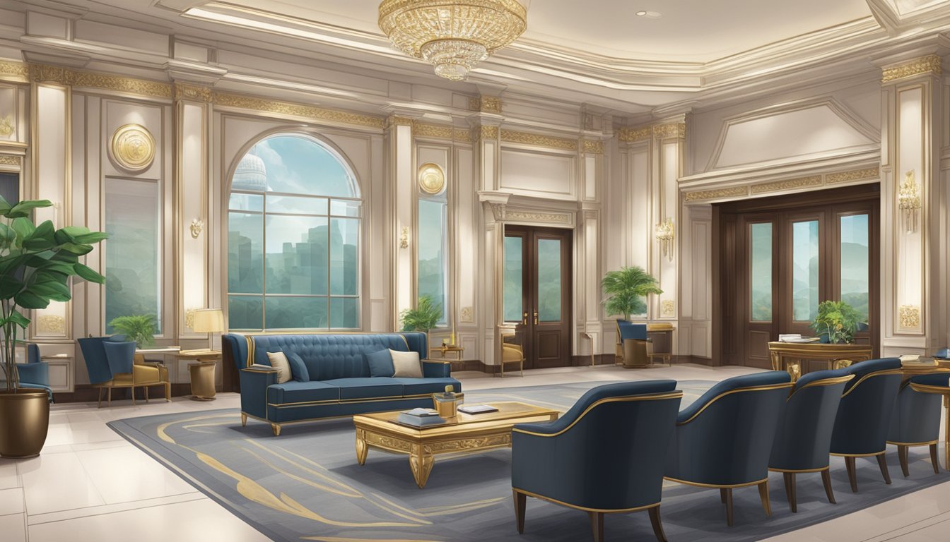 A luxurious bank setting in Singapore with elegant decor, comfortable seating, and attentive staff assisting clients with premier banking services