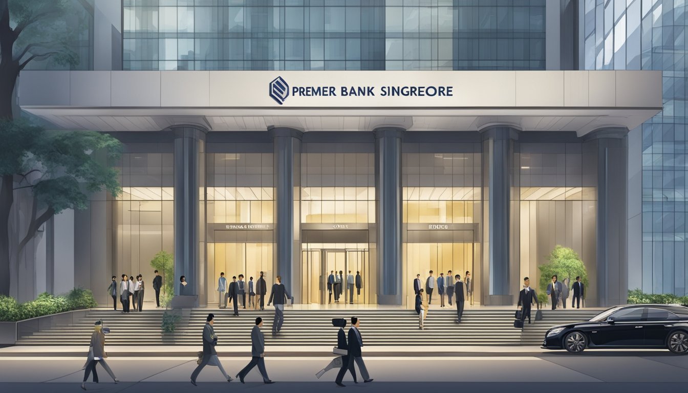 A grand, modern bank building with a prominent sign reading "Premier Banking Singapore." Impeccably dressed individuals entering and exiting the building