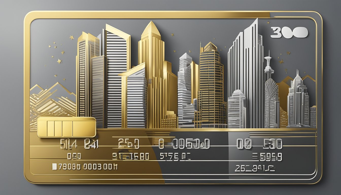A luxurious bank card surrounded by gold and silver accents, with a backdrop of a modern skyscraper and the Singapore city skyline