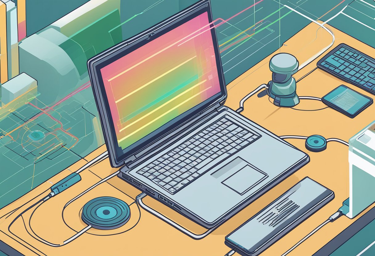 A laptop scanning for hidden routers, surrounded by signal strength bars and network names