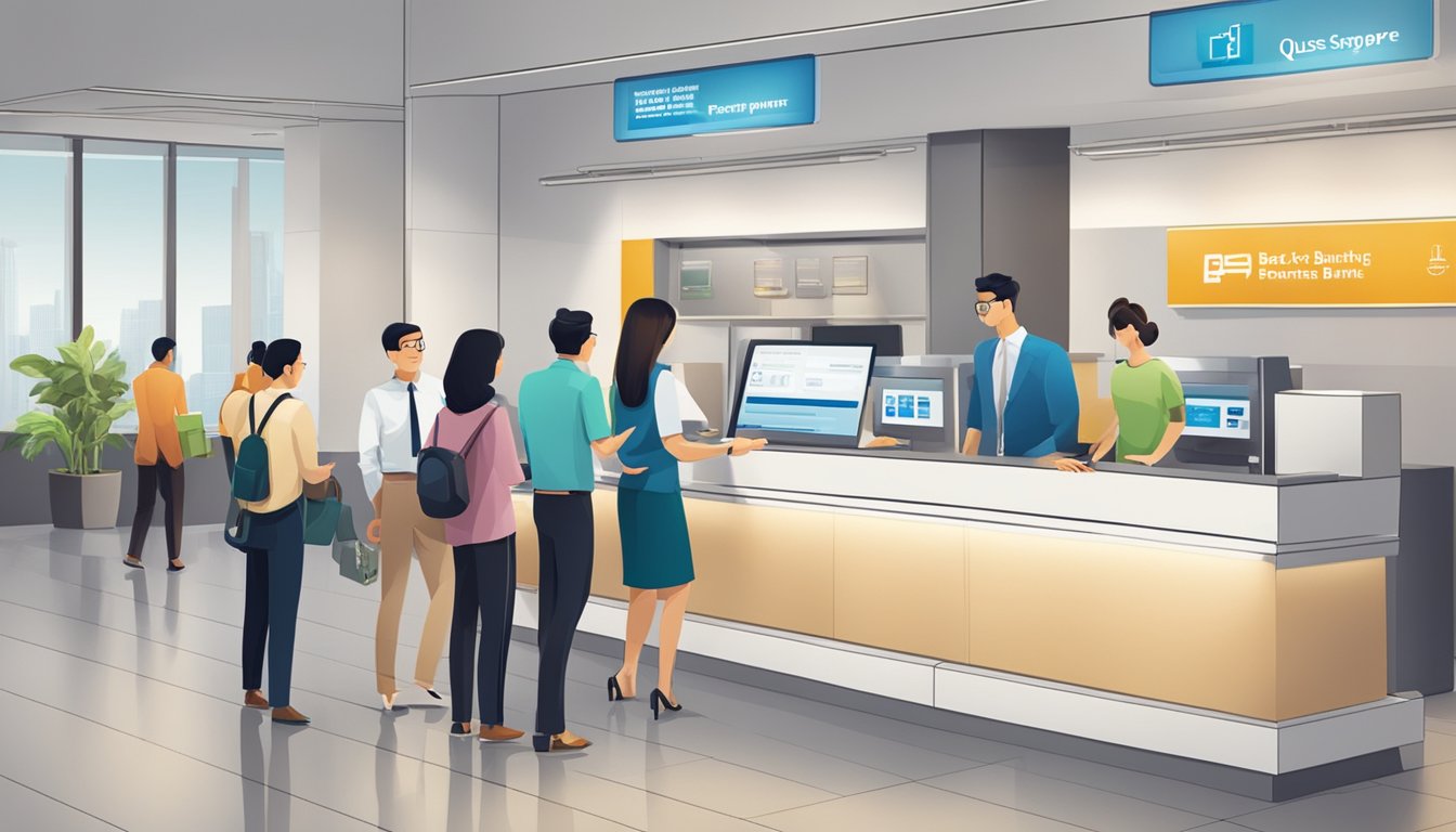 A group of people gathered around a sleek, modern bank counter, with a sign above reading "Frequently Asked Questions best premier banking singapore."