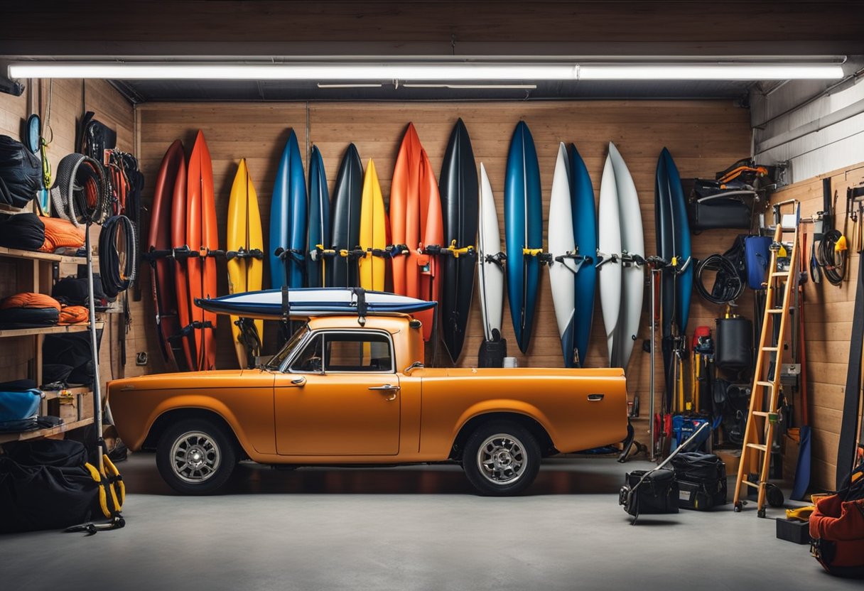 A garage with tools, PVC pipes, foam blocks, and tie-down straps for DIY car racks to transport kayaks without roof racks