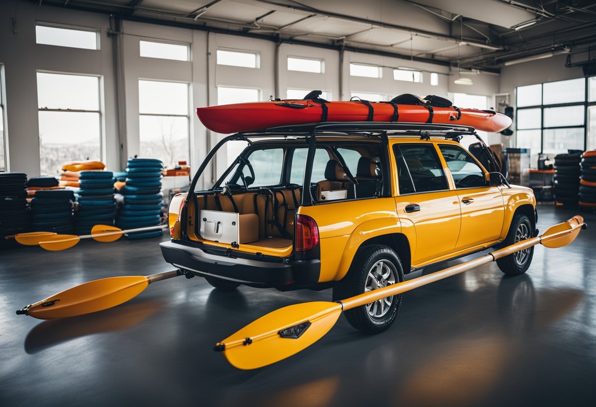A car with DIY kayak racks made from PVC pipes and straps attached to the windows and trunk. Kayaks are secured and ready for transport