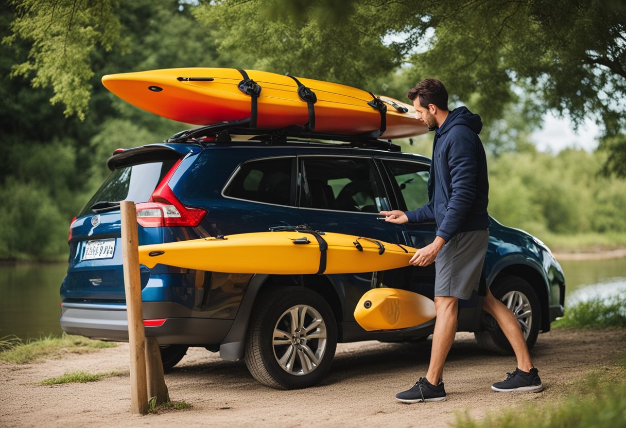 A person adjusts a DIY car rack to transport kayaks without roof racks, troubleshooting common issues