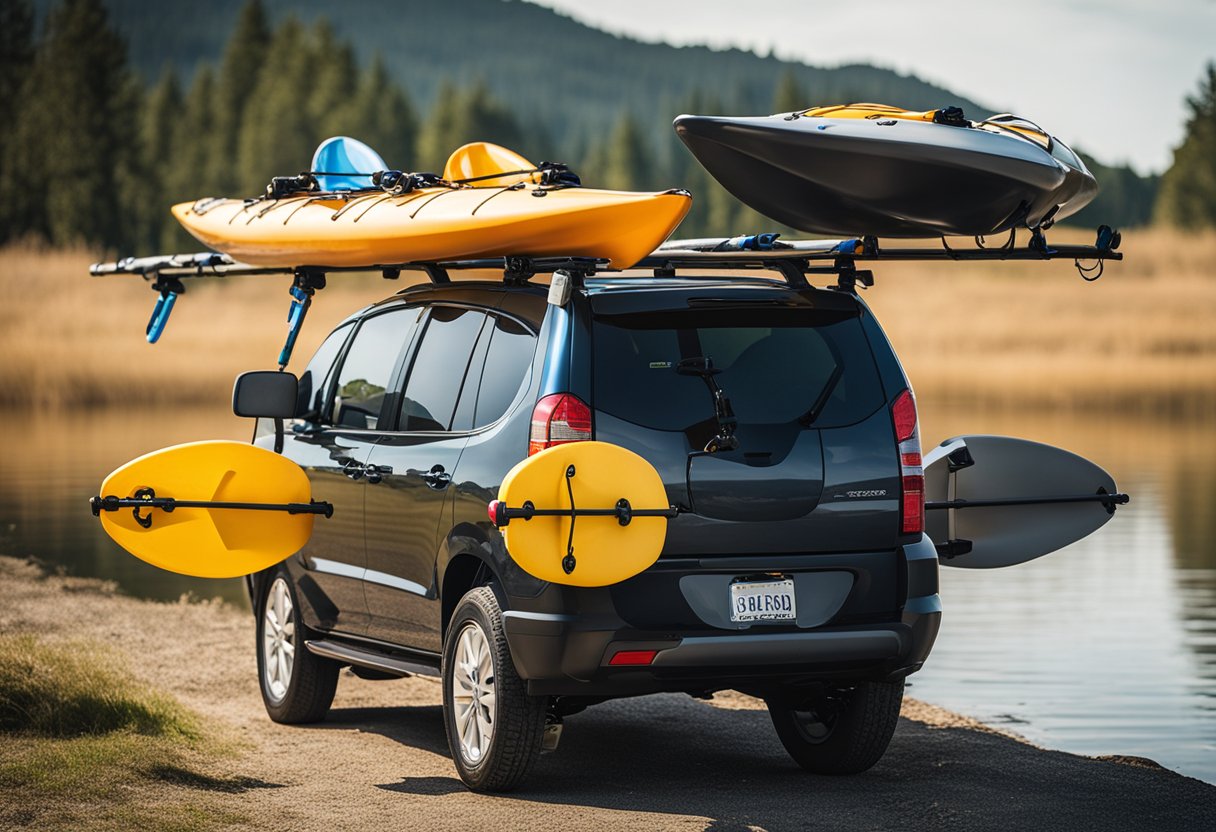 A DIY car rack holds two kayaks with added accessories like tie-down straps and foam padding for protection
