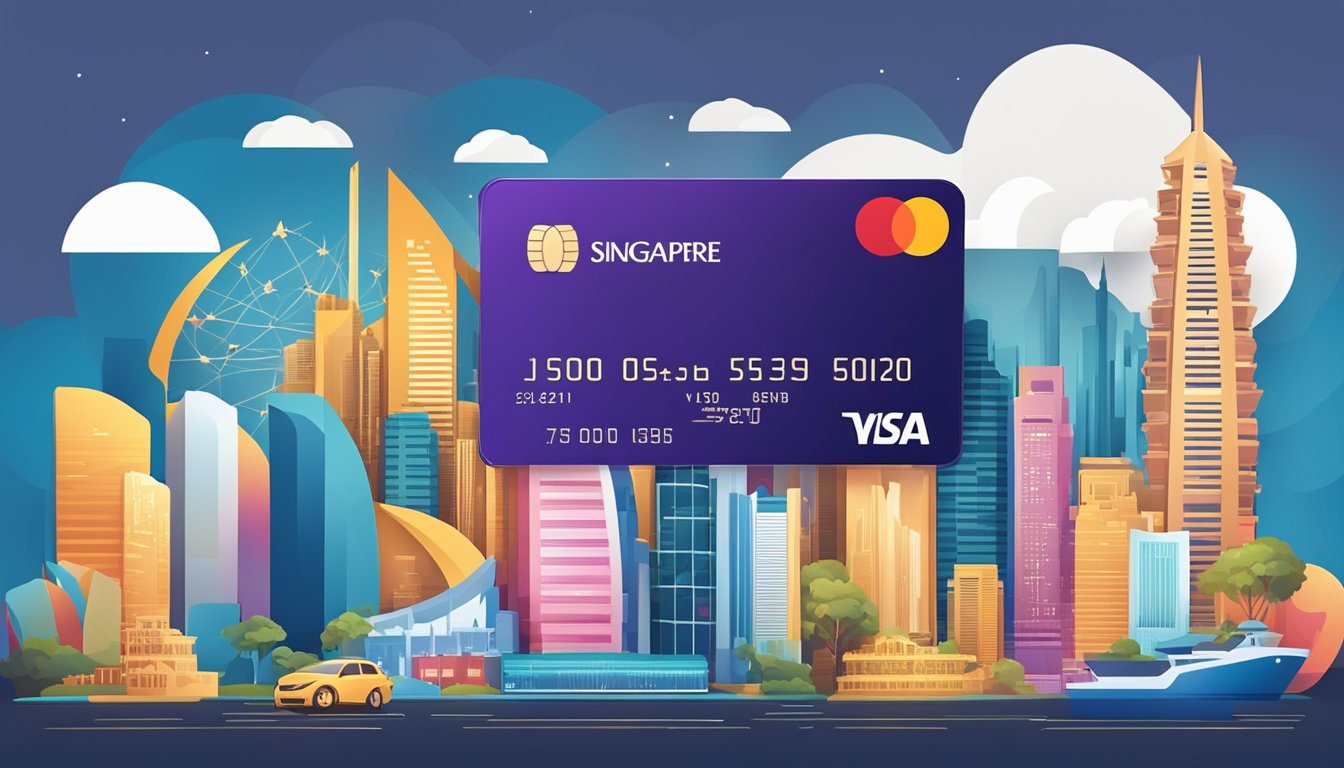 A sleek and modern credit card surrounded by luxury symbols and Singaporean landmarks