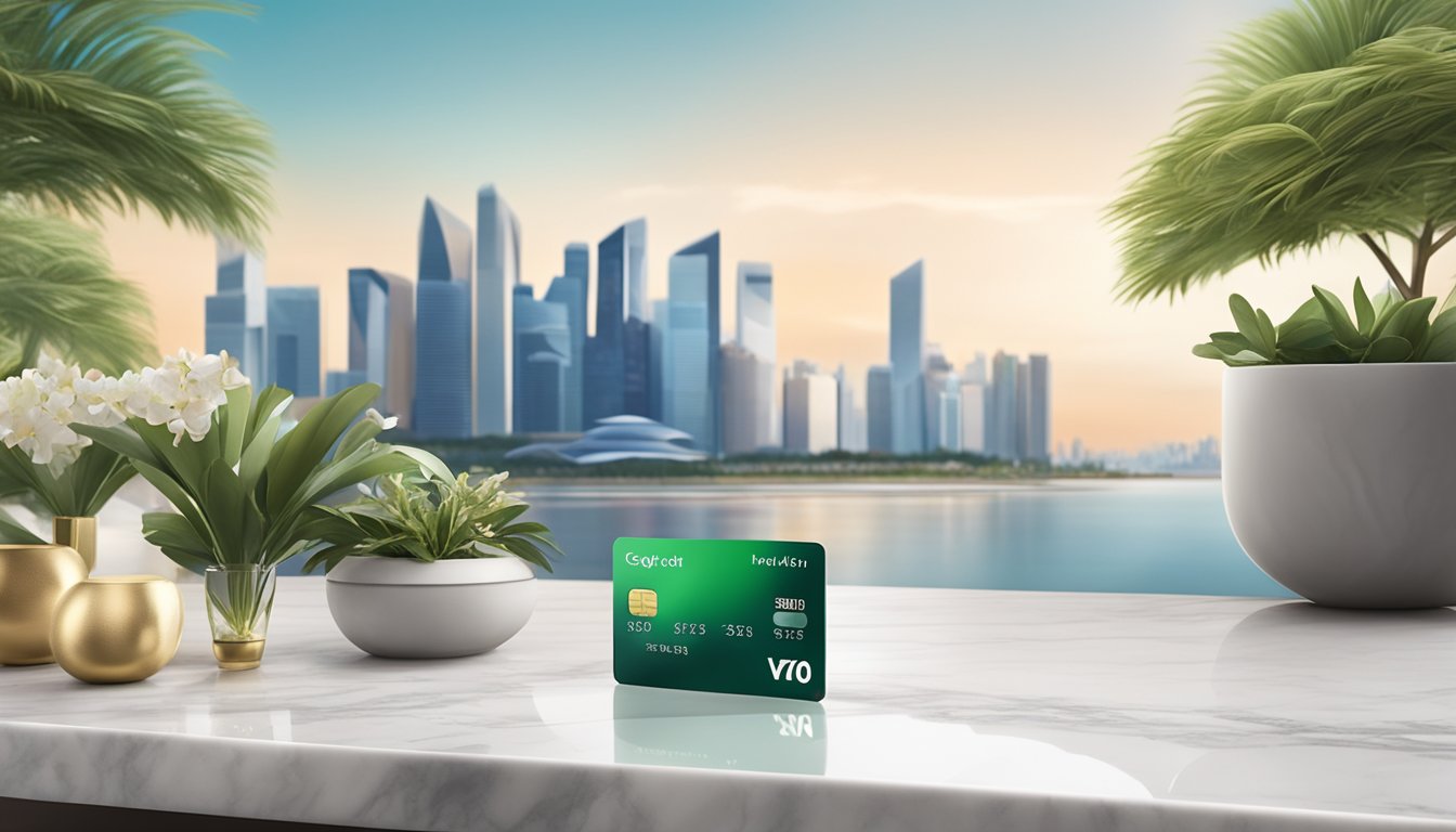 A sleek, modern credit card sits on a luxurious marble tabletop, surrounded by elegant decor and a backdrop of the Singapore skyline