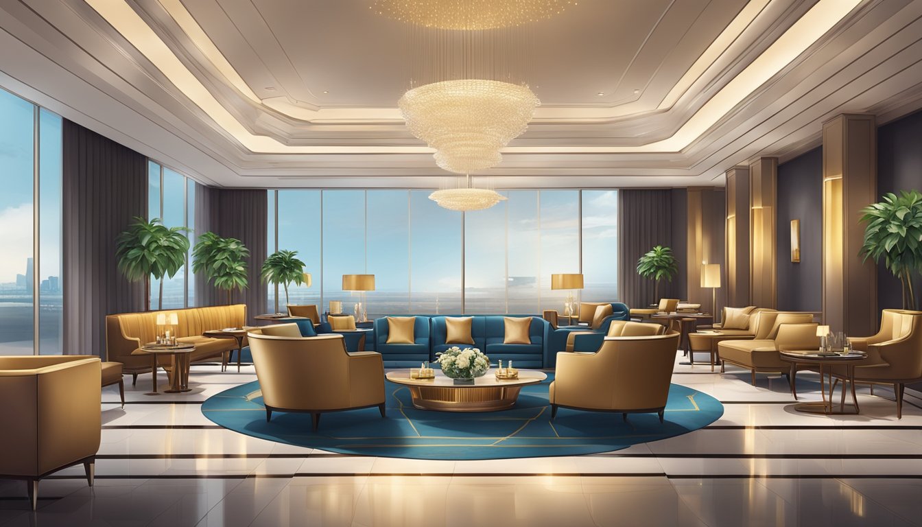 A luxurious airport lounge with elegant furnishings, gourmet dining, and exclusive travel perks for premium credit card holders in Singapore