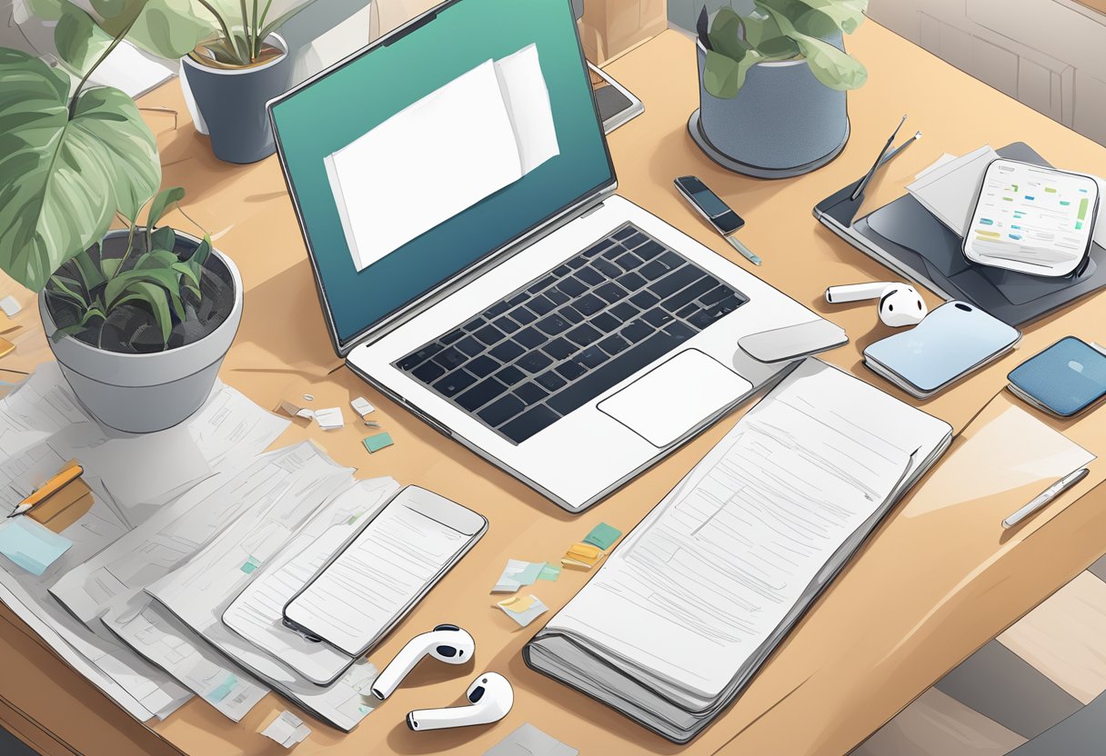 A desk with scattered papers, a laptop open to a search engine, and a pair of lost AirPods lying on the table