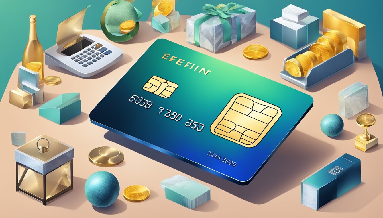A luxurious credit card surrounded by elegant, high-end items, with a list of requirements and fees displayed prominently