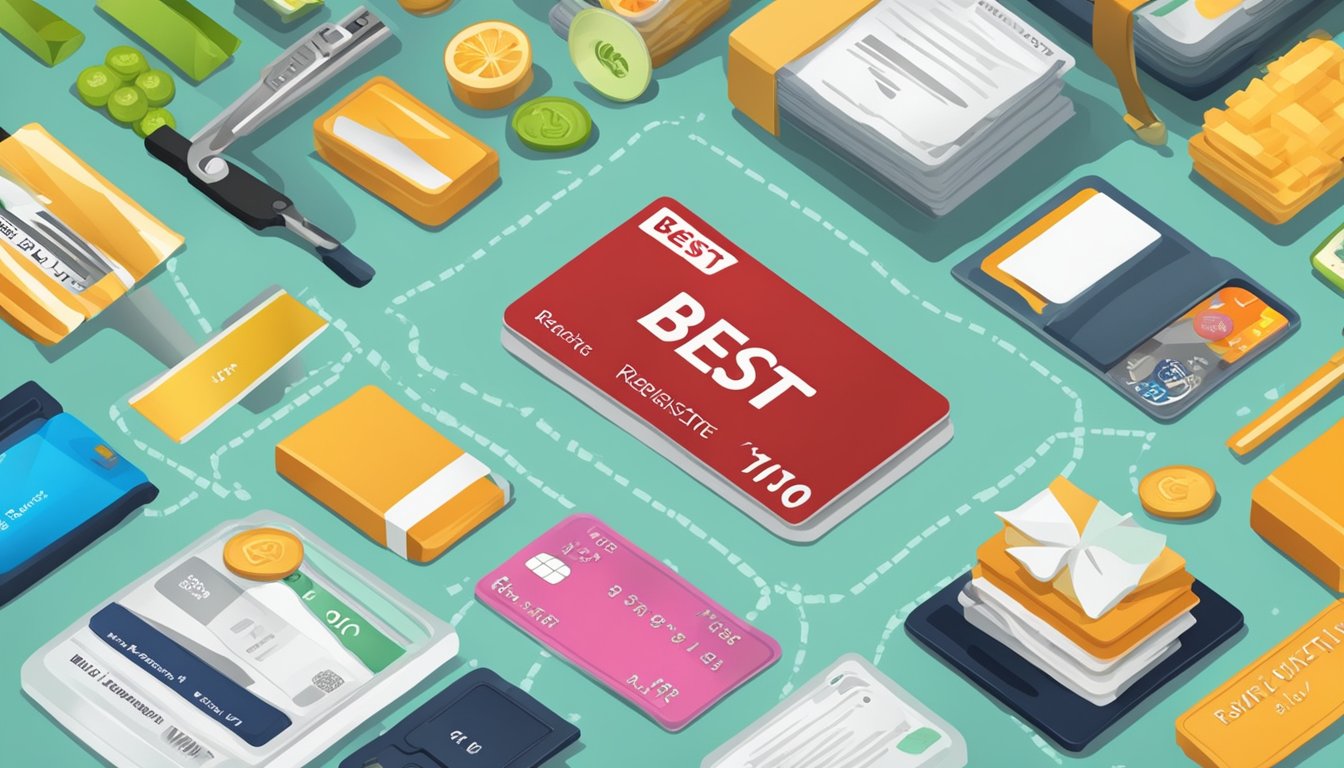 A credit card with "Best Rebate" written on it, surrounded by various items symbolizing different categories of purchases (e.g. groceries, travel, entertainment)