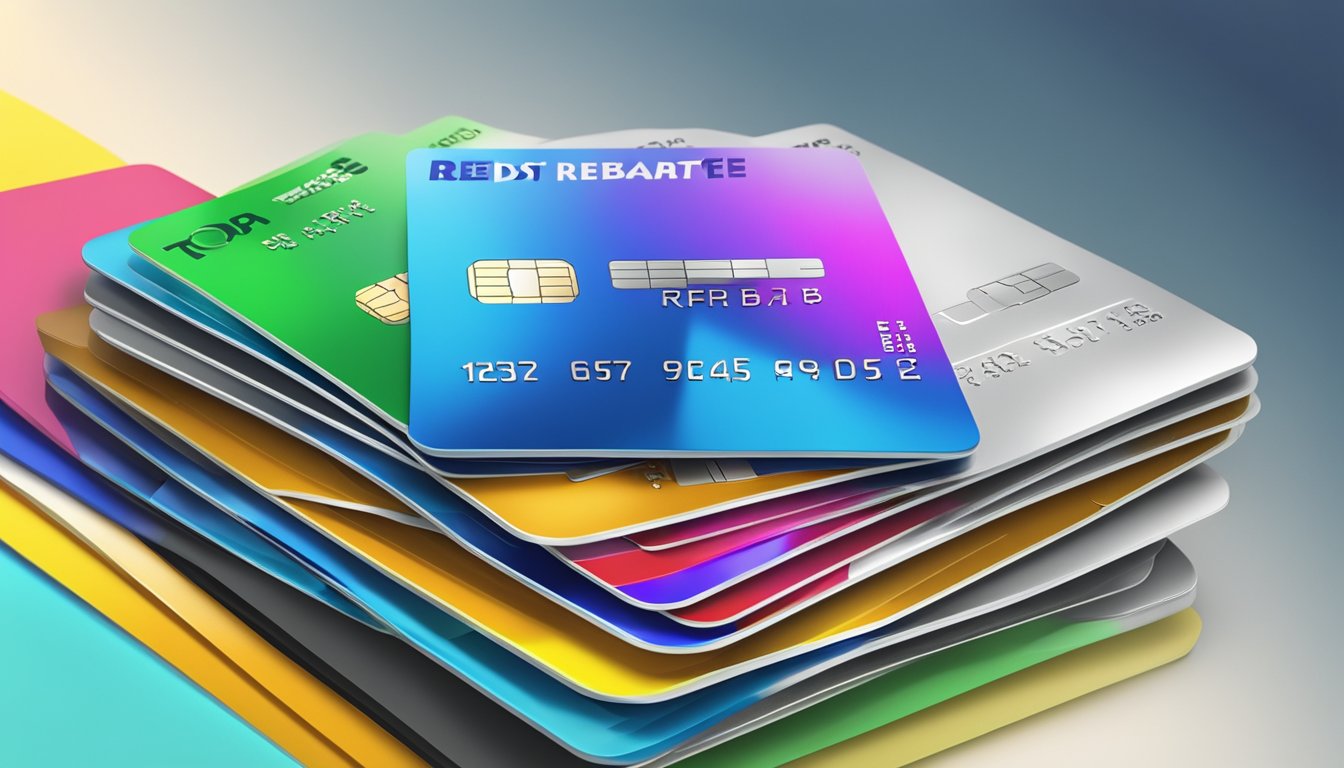 A stack of colorful credit cards with "Top Rebate" and "Best Rebate Credit Card Singapore" text displayed prominently