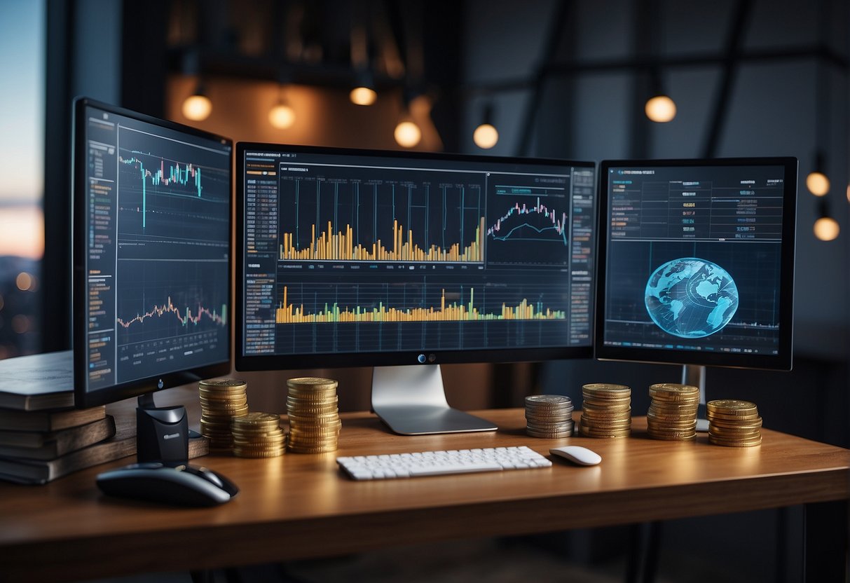 A diverse array of stablecoins, cryptocurrency logos, and investment charts arranged on a sleek, modern desk