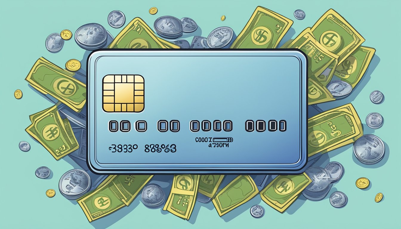 A credit card surrounded by dollar signs, with a list of fees and charges floating around it