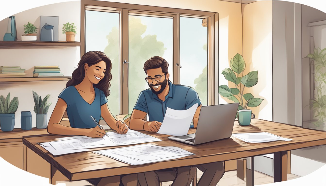 A couple sits at a table, reviewing documents and smiling as they discuss a home renovation project. Blueprints and loan paperwork are spread out in front of them, with a laptop displaying renovation loan options