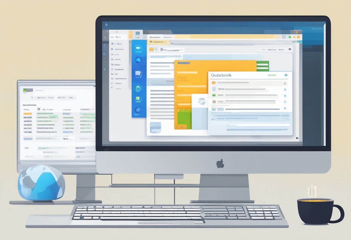 A computer screen displays the Outlook email interface. A cursor hovers over the search bar, while folders and emails are visible in the background