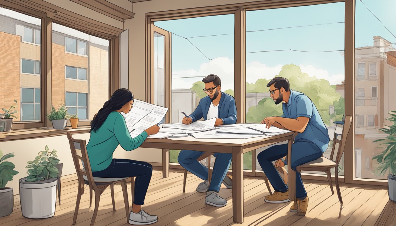 A couple sits at a table, reviewing paperwork for a renovation loan. They point to different sections, discussing options and terms. Outside the window, a construction crew works on a building, signaling progress and potential