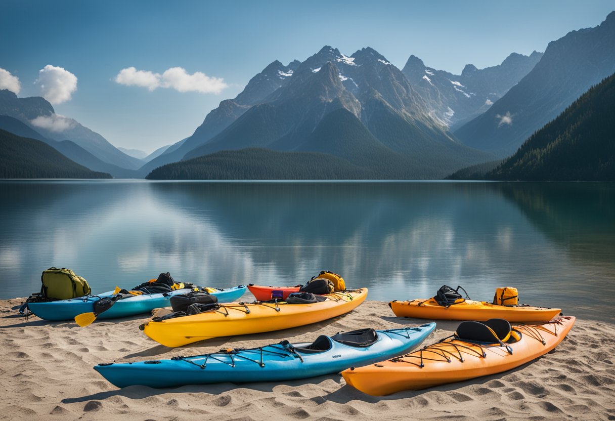 A kayak sits on calm water, with a variety of life jackets and PFDs laid out neatly on the shore. The sun is shining, and the scene exudes a sense of safety and preparedness for a day of fishing