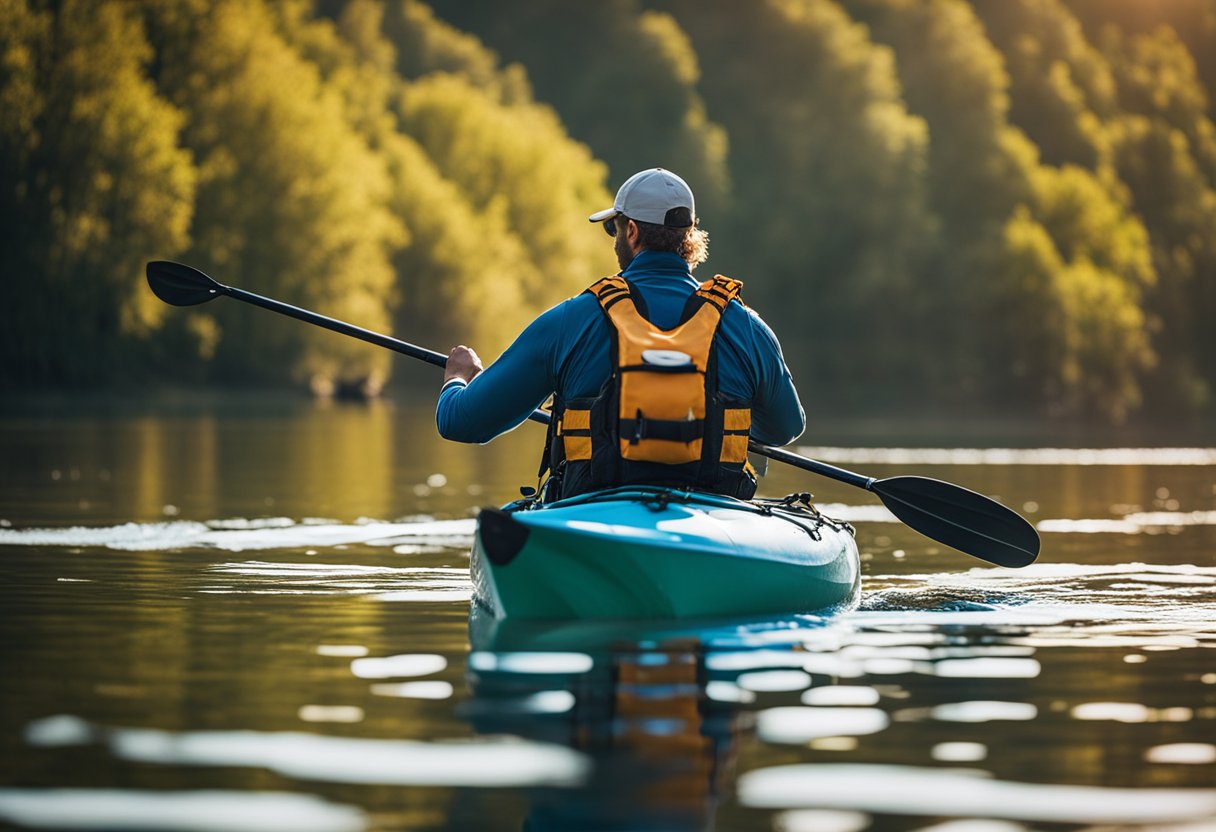 A person in a kayak wearing a suitable life jacket for fishing, with multiple pockets and attachment points for gear and accessories