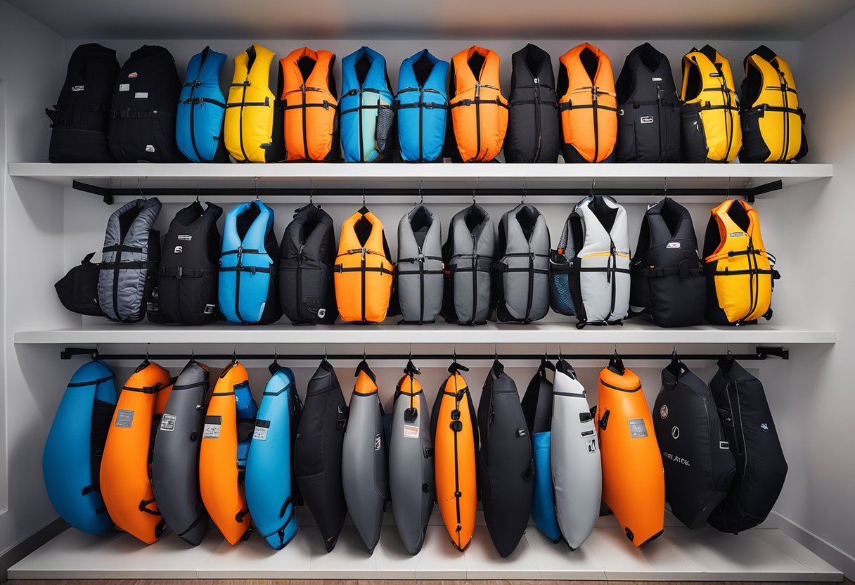 A person selecting a life jacket and PFD for kayak fishing. Various options displayed on a rack with different sizes and colors